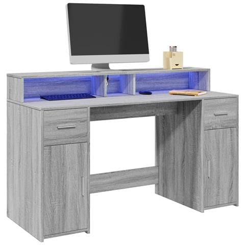 Scrivania con Luci LED Grigio Sonoma 140x55x91cm in Multistrato - Foto 2