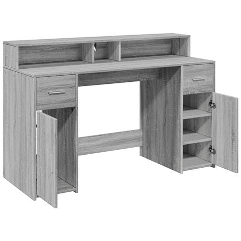 Scrivania con Luci LED Grigio Sonoma 140x55x91cm in Multistrato - Foto 9
