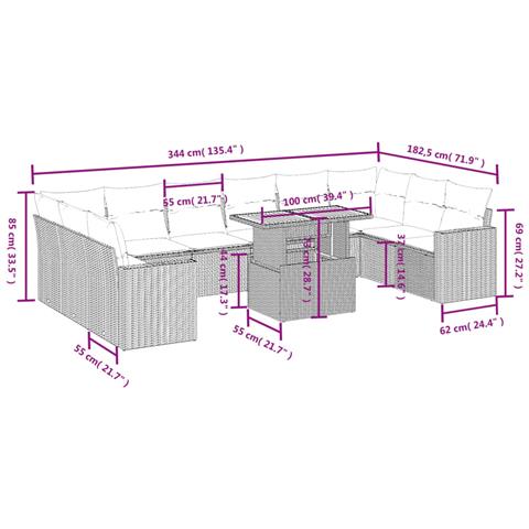 Set Divani da Giardino 11 pz con Cuscini in Polyrattan Grigio - Foto 3