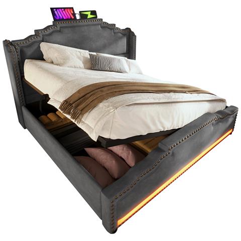 Letto Contenitore Idraulico In Velluto Con Luci Led E Ricariche Usb - Foto 1