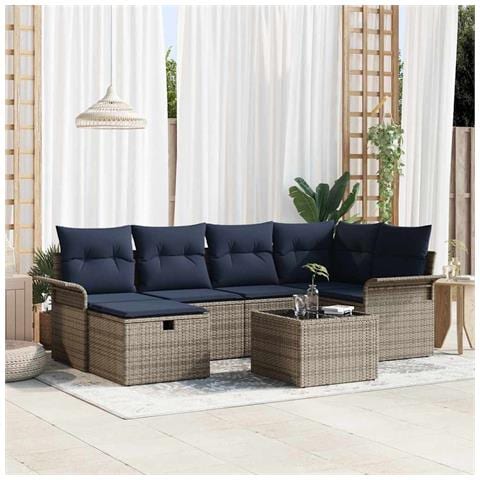 Set Divano da Giardino 7 pcs Grigio e Blu Navy polyrattan - Foto 2