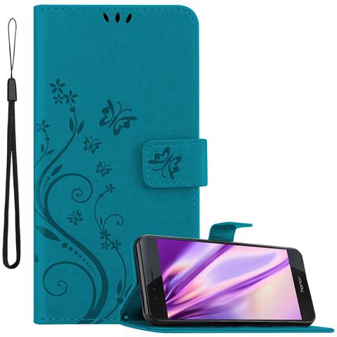 Custodia Compatibile Con Honor 8 / 8 Premium In Blu Fiore - Coperchio Protettivo In Design Floreale Con Chiusura Magnetica, Funzione Stand E Slot Per Carte - Foto 1