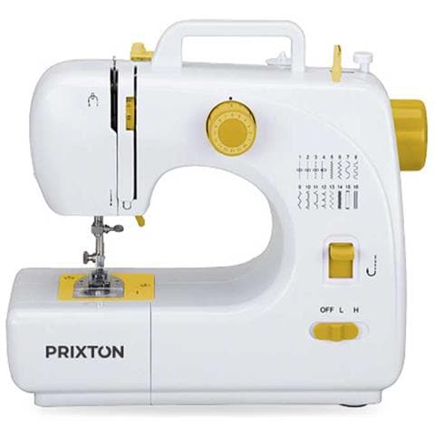 PRIXTON Macchina da Cucire Portatile P120 con Cassetto per Accessori Lampada Integrata 16 Tipi di Punti Pedale Incluso Colore Bianco / Giallo