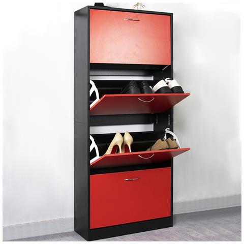 Scarpiera 4 Ante Ripiani Doppia Profondità Con Maniglia Rosso E Nero 63x24x150cm - Foto 1
