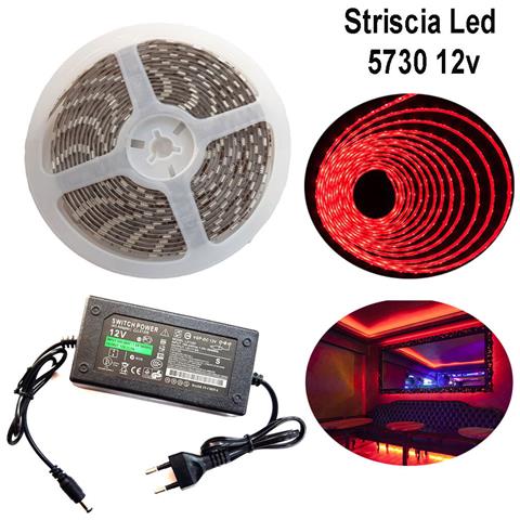 Striscia Strip Led 5730 5m Adesiva Luce Ip65 Alimentatore 12v 5a Rosso 12w /m - Foto 1