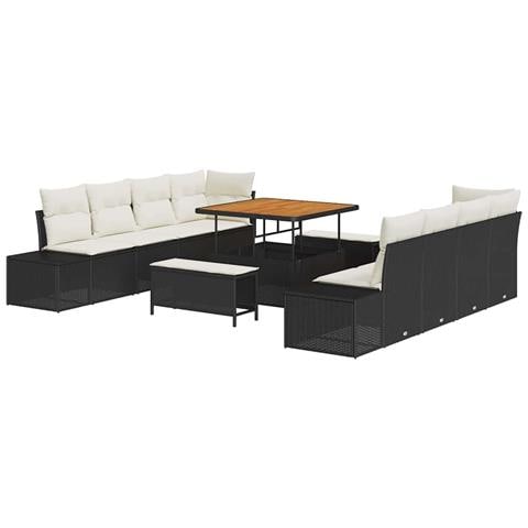 Set di divano da giardino 11 pezzi con cuscini, nero, polyrattan, acacia, Divano da giardino 2 posti con cuscini in polyrattan nero, Set da pranzo da giardino 3 pezzi con cuscini in polyrattan nero, acacia - Foto 1