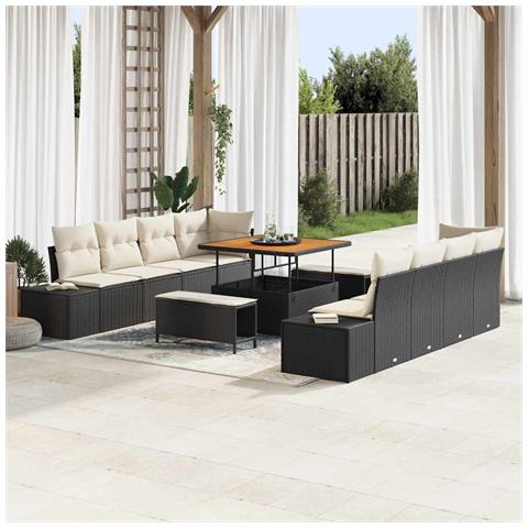 Set di divano da giardino 11 pezzi con cuscini, nero, polyrattan, acacia, Divano da giardino 2 posti con cuscini in polyrattan nero, Set da pranzo da giardino 3 pezzi con cuscini in polyrattan nero, acacia - Foto 2