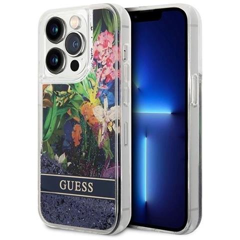 Guess Flower Liquid Glitter Case Per Iphone 14 Pro Max - Blu - Foto 1