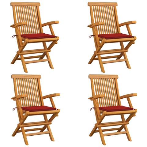 Sedie da Giardino con Cuscini Rossi 4 pz Massello di Teak - Foto 1