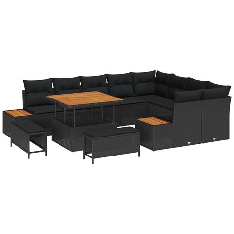 Set di divani da giardino  in 12 pezzi con cuscini in polyrattan nero e acacia, Set da pranzo da giardino  in 3 pezzi con cuscini in polyrattan nero e acacia - Foto 1