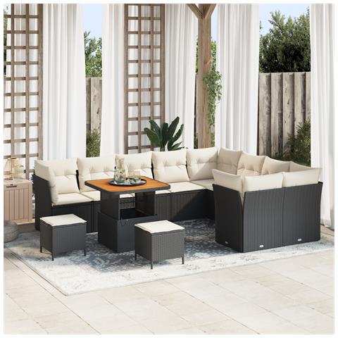 Set di divano da giardino  12 pezzi con cuscini Nero Polyrattan Acacia, Set di cucina da giardino  3 pezzi con cuscini Nero Polyrattan Acacia - Foto 2