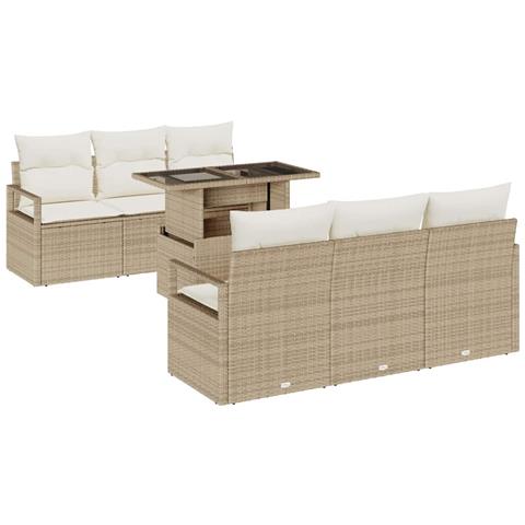 Set divani giardino 7 pezzi con cuscini beige in poly rattan, Divano giardino 2 posti con cuscini beige in poly rattan - Foto 1