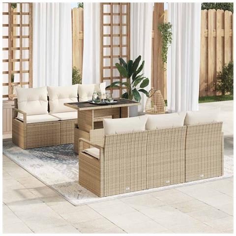 Set divani giardino 7 pezzi con cuscini beige in poly rattan, Divano giardino 2 posti con cuscini beige in poly rattan - Foto 2