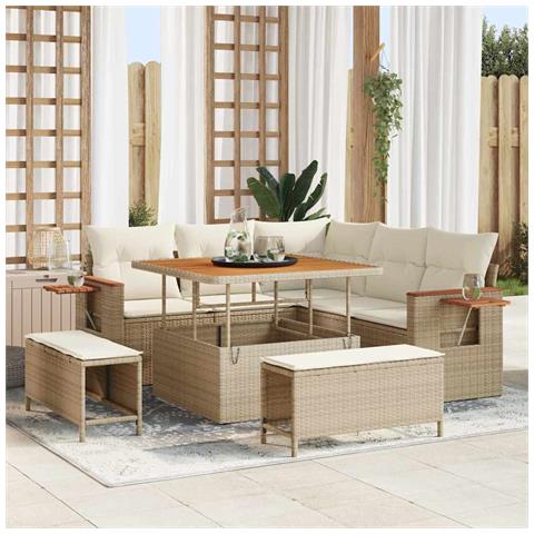 Set Divano Giardino 8 Pezzi con Cuscini Beige Polyrattan Acacia, Set da Pranzo Giardino 3 Pezzi con Cuscini Beige Polyrattan Acacia - Foto 2