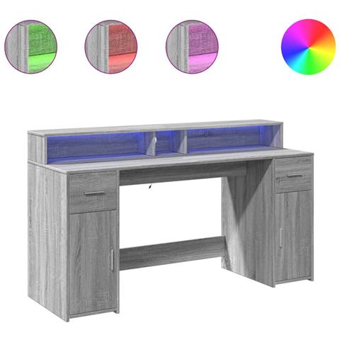 Scrivania con Luci LED Grigio Sonoma 160x55x91cm in Multistrato - Foto 1