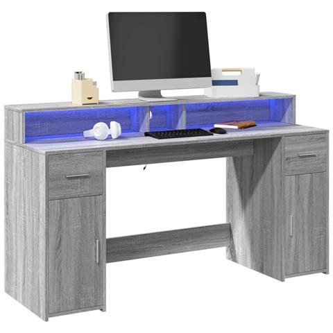 Scrivania con Luci LED Grigio Sonoma 160x55x91cm in Multistrato - Foto 2