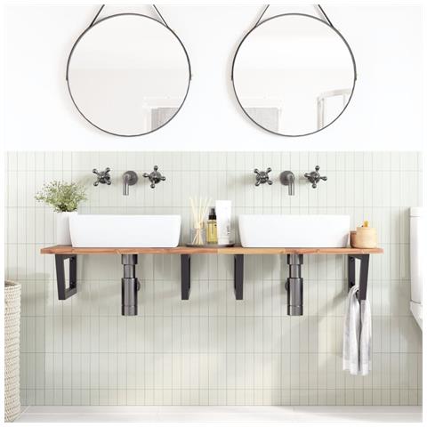 Ripiano A Parete Per Lavabo In Acciaio E Massello Di Acacia - Foto 2