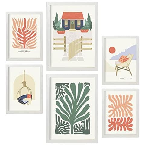 Set Di 6 Stampe Stampe Minimaliste Di Paesaggi E Natura Di Case Sulla Spiaggia Dai Colori Vivaci Per L'interior Design A3 & A4 Cornice Bianca - Foto 1