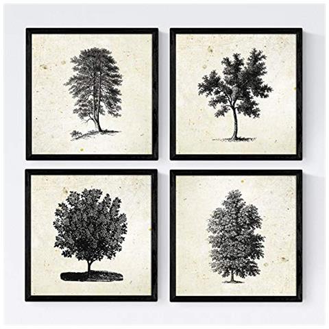 Set Di 4 Stampe Fogli Di Alberi Gli Alberi Si Mescolano Sfondo D'epoca Vecchia Carta Poster Di Carta E Gli Inchiostri Senza Cornice 20x20 Cm - Foto 1