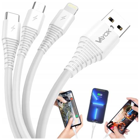 Cavo Usb 3 In 1 Micro Usb, Usb-c, Lightning 1m Bianco Va0122 Vayox - Foto 1