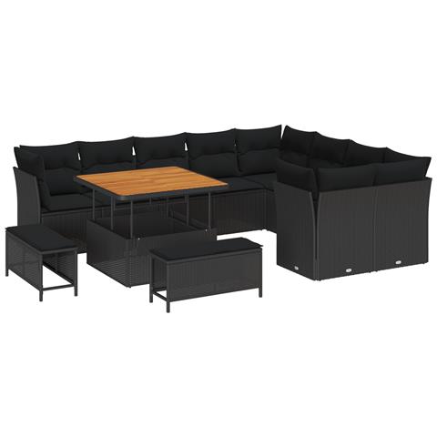 Set di Divani da Giardino  in 12 Pezzi con Cuscini Nero Polyrattan Acacia, Set da Pranzo da Giardino  in 3 Pezzi con Cuscini Nero Polyrattan Acacia - Foto 1