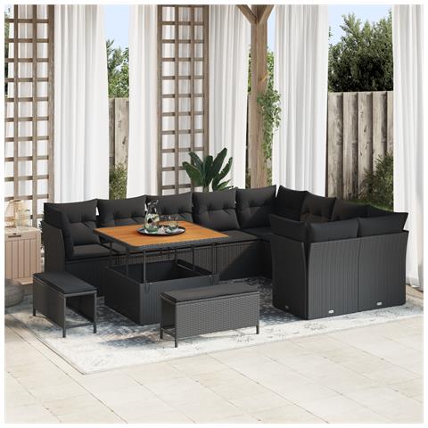 Set di Divani da Giardino  in 12 Pezzi con Cuscini Nero Polyrattan Acacia, Set da Pranzo da Giardino  in 3 Pezzi con Cuscini Nero Polyrattan Acacia - Foto 2