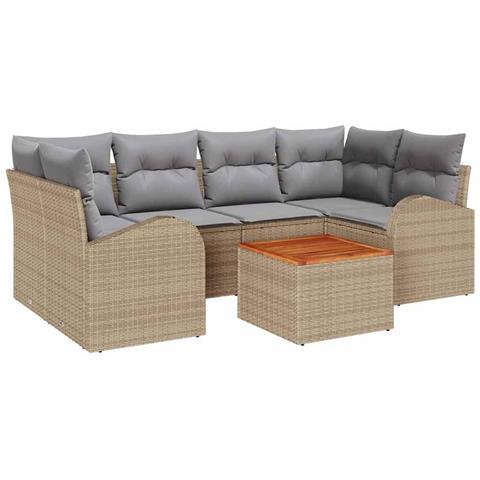 Set divani giardino  7 Pezzi con Cuscini Beige Polyrattan Acacia, Divano giardino  due posti con spazio stoccaggio e cuscini Beige Polyrattan - Foto 1