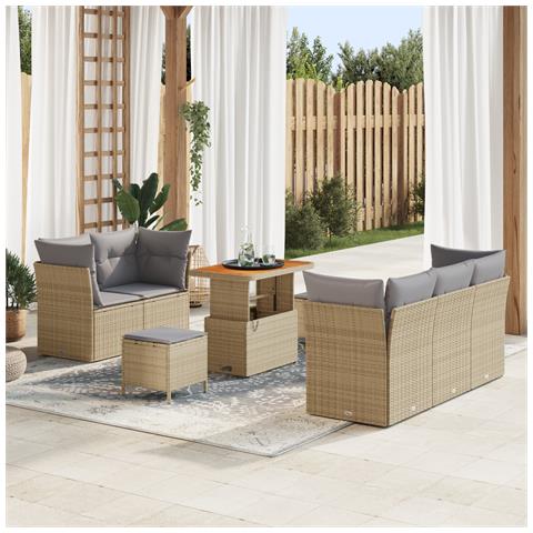 Set Divano Giardino 8 Pezzi con Cuscini Beige Polyrattan Acacia, Set Giardino 3 Pezzi con Cuscini Beige Polyrattan Acacia - Foto 2
