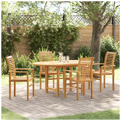 Set pranzo giardino 5 pezzi in legno massello di teak, Sedia da giardino impilabile 2 pz in legno massello di teak - Foto 2