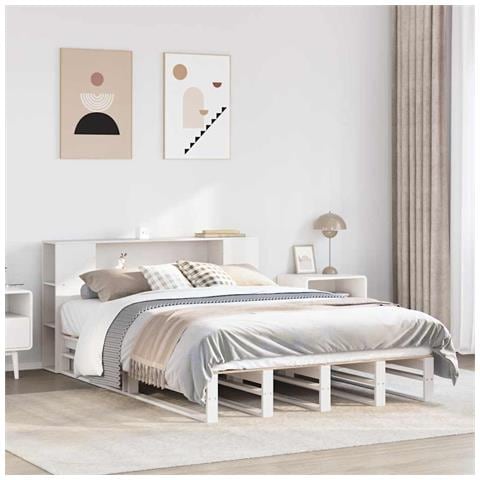 Letto Libreria senza Materasso Bianco 150x200 cm Legno Massello - Foto 2