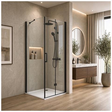 Box Doccia Angolare 90x120 Cm Porta A Soffietto + Fisso H200 Cm Cristallo 6 Mm Profilo Nero Opaco Zaira - Foto 6