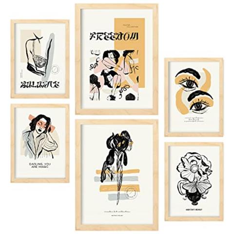 Set Di 6 Stampe Stampe Artistiche In Stile Schizzo Con Inchiostro Nero Per L'interior Design A3 & A4 Telaio In Legno Chiaro - Foto 1