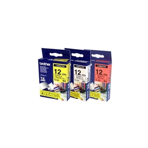 Nastro etichetta TZ31M3 - 12 mm Larghezza x 8 m Lunghezza - 3 Rullo - Rettangolo - Rosso, Bianco, Giallo - Foto 1