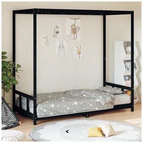 Giroletto per Bambini Nero 90x200 cm in Legno Massello di Pino - Foto 1