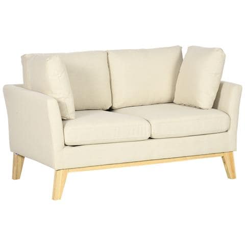 Divano Da 2 Posti In Legno Di Eucalipto E Tessuto Effetto Lino Con 2 Cuscini, 137x78x78 Cm, Beige - Foto 1