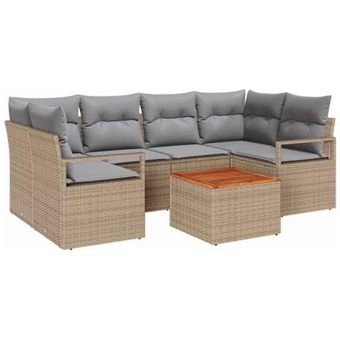 Set divani giardino  7 Pezzi con cuscini Beige Rattan Acacia, Divano giardino  a 2 posti con cuscini Beige Rattan - Foto 1