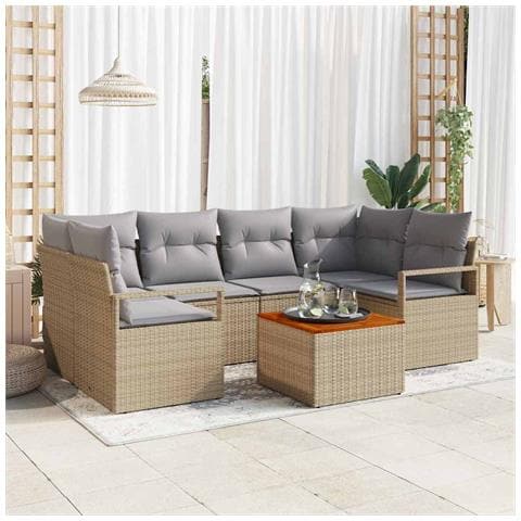 Set divani giardino  7 Pezzi con cuscini Beige Rattan Acacia, Divano giardino  a 2 posti con cuscini Beige Rattan - Foto 2