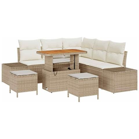 Set Divano da Giardino da 8 Pezzi con Cuscini Beige Polyrattan Acacia, Divano da Giardino a 2 Posti con Cuscini Beige Polyrattan, Set da Pranzo da Giardino da 3 Pezzi con Cuscini Beige Polyrattan Acacia - Foto 1