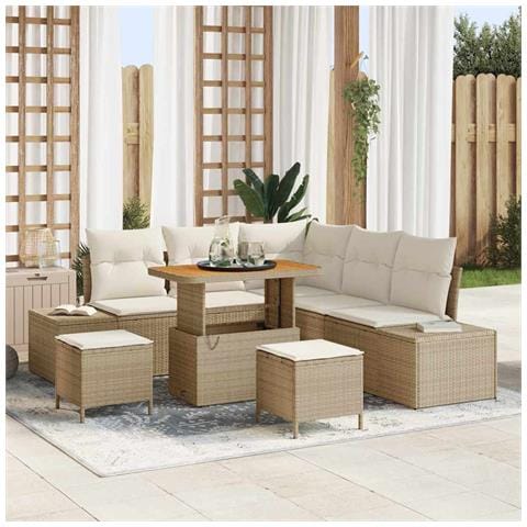 Set Divano da Giardino da 8 Pezzi con Cuscini Beige Polyrattan Acacia, Divano da Giardino a 2 Posti con Cuscini Beige Polyrattan, Set da Pranzo da Giardino da 3 Pezzi con Cuscini Beige Polyrattan Acacia - Foto 2
