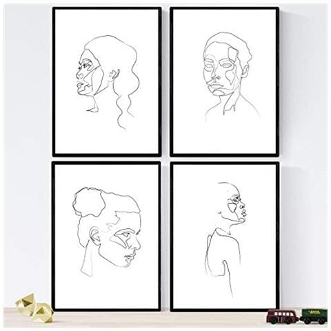 Set Di 4 Stampe Lamini Di Disegni E Schizzi A Una Linea Facce Viso Poster Nordico Dei Volti Nudi Corpi Al Naturale Tavolo Senza Cornice A4 - Foto 1