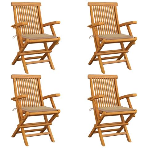 Sedie da Giardino con Cuscini Beige 4 pz Massello di Teak - Foto 1