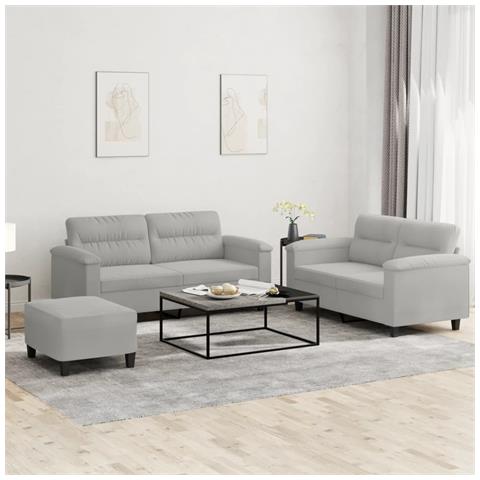 Set Divani 3 Pz Con Cuscini Grigio Chiaro In Tessuto Microfibra - Foto 1