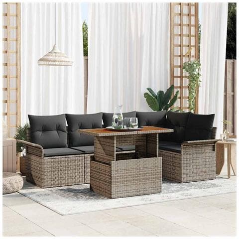 Set da Pranzo da Giardino in 6 Pezzi con Cuscini Grigio in Polyrattan e Acacia - Foto 2