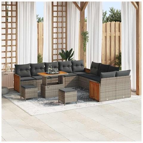 Set di divano da giardino  13 pezzi con cuscini Grigio Polyrattan Acacia, Divano da giardino  2 posti con cuscini Grigio Polyrattan, Set di pranzo da giardino  3 pezzi con cuscini Grigio Polyrattan Acacia - Foto 2