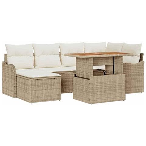 Set divani giardino 7 pezzi con cuscini Beige Rattan Polipropilene Acacia, Divano giardino 2 posti con cuscini Beige Rattan Polipropilene - Foto 1