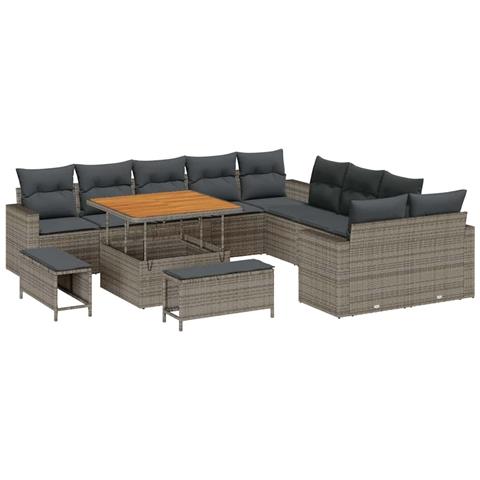 Set divano da giardino da 13 pezzi con cuscini in polyrattan grigio e acacia, Set da pranzo da giardino da 3 pezzi con cuscini in polyrattan grigio e acacia - Foto 1