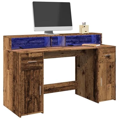 Scrivania con Luci LED Legno Antico 140x55x91 cm in Multistrato - Foto 2