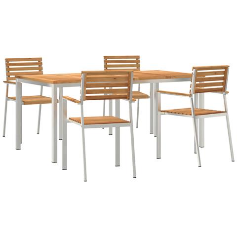 Set pranzo giardino  5 pezzi in legno massello di teak, Tavolo pranzo esterno  180x90x75 cm in legno massello di teak, Sedie giardino impilabili  4 pz in legno massello di teak e acciaio - Foto 1