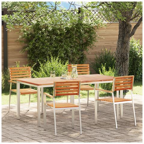 Set pranzo giardino  5 pezzi in legno massello di teak, Tavolo pranzo esterno  180x90x75 cm in legno massello di teak, Sedie giardino impilabili  4 pz in legno massello di teak e acciaio - Foto 2