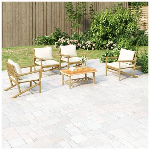 Set Salotto da Giardino 5pz con Cuscini Bianco Crema in Bambù - Foto 2